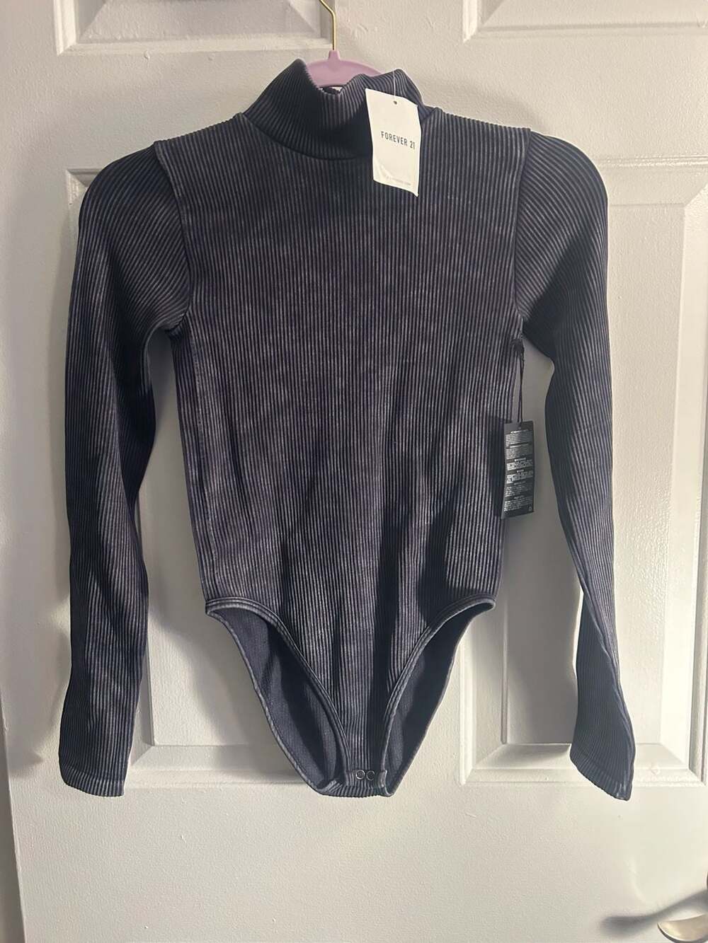 Forever 21 Women Knit Bodysuit LS Charcoal S/M Mock Neck Open Back